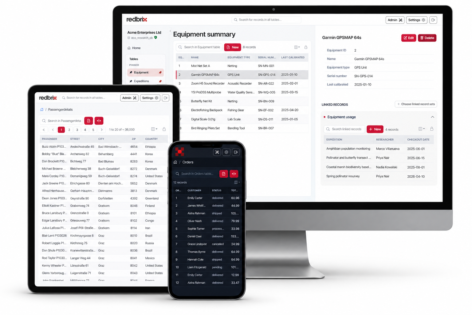 Redbrix running on desktop, tablet and mobile devices