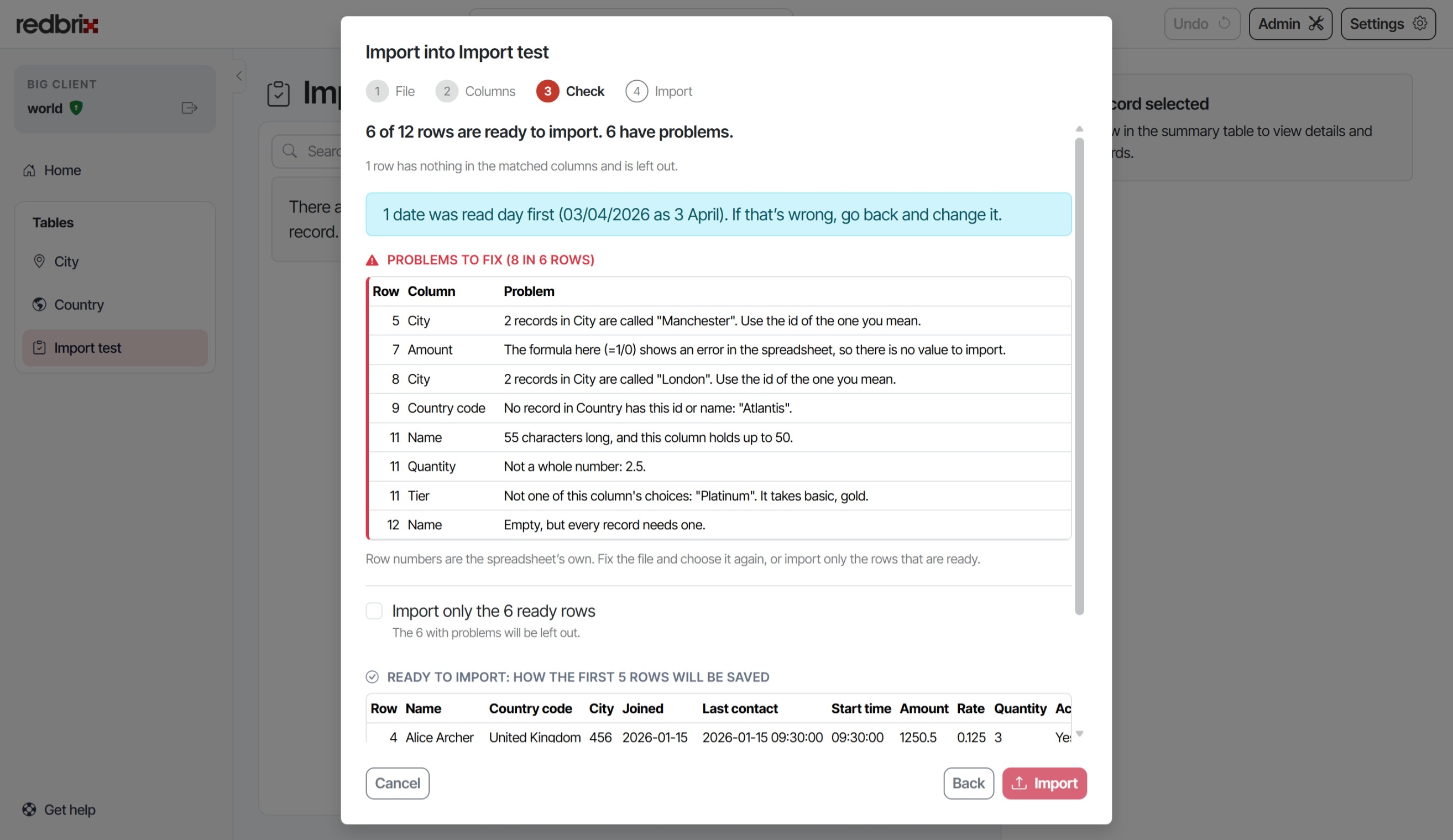 Check the rows for import